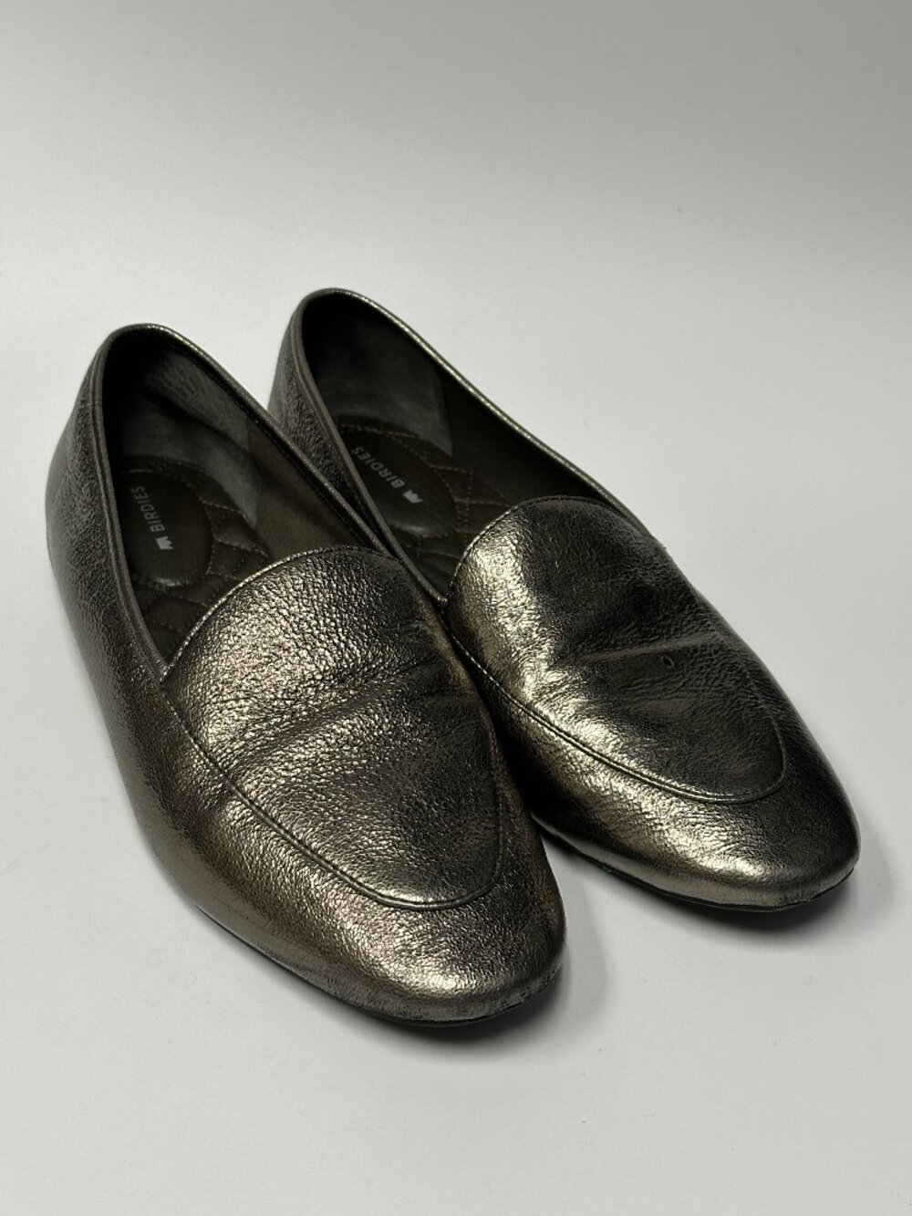 Birdies Women's The Vesper Metallic Pewter Leather Loafers Flats Size 8.5